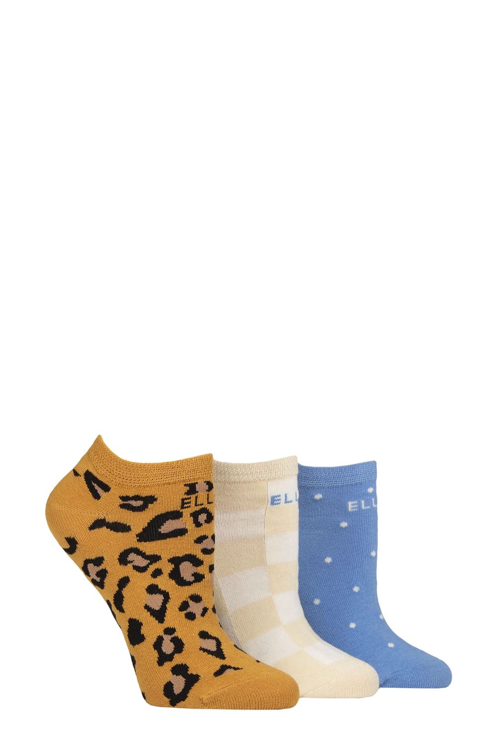 Ladies 3 Pack Cotton Plain Stripe &amp; Patterned No-Show Socks TB10, Colour: Leopard Noir, Size: 4-8