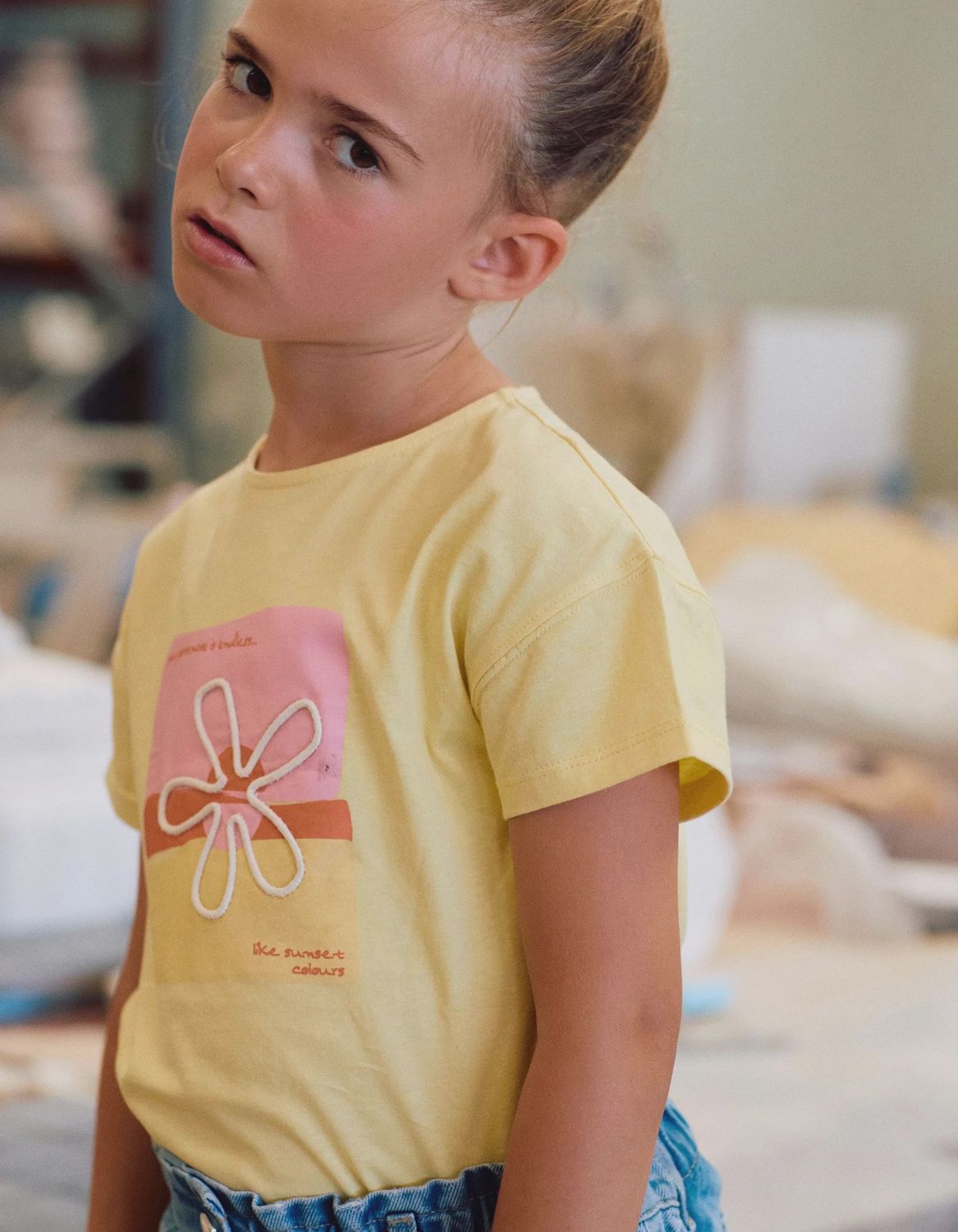 Girl's 3D Floral Print T-Shirt - Yellow