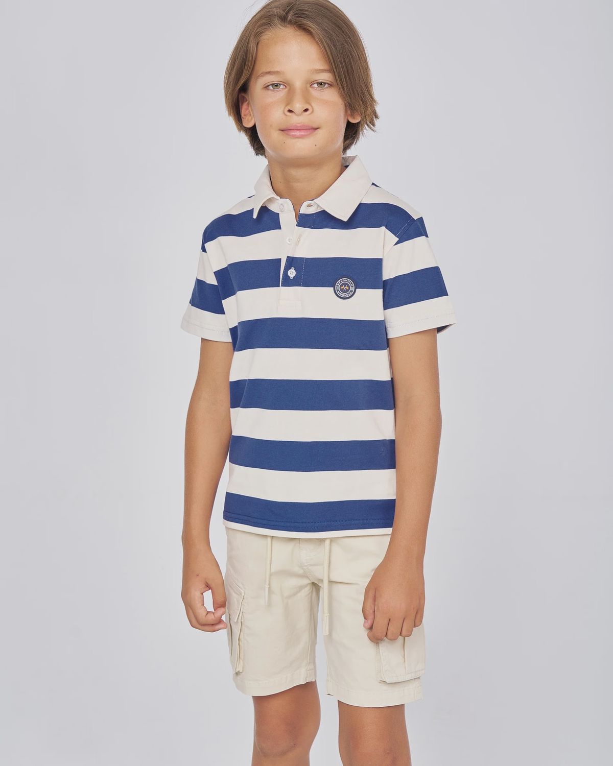 Boy's Striped Short Sleeve Polo Shirt - Blue/Beige