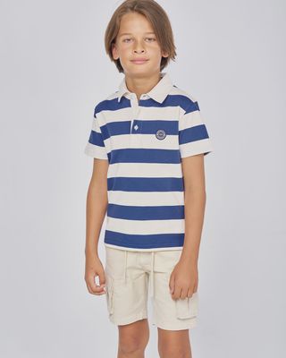 Boy's Striped Short Sleeve Polo Shirt - Blue/Beige
