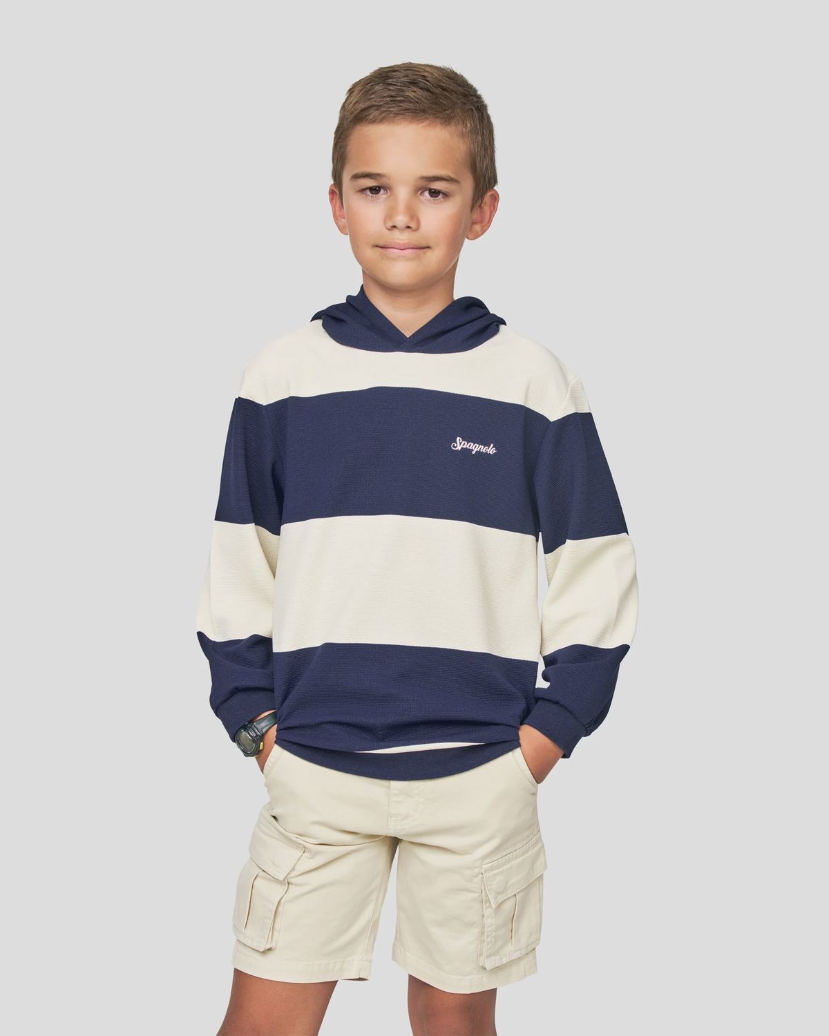 Boy's Striped Hoodie -  Beige/Navy Blue