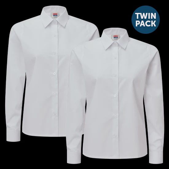 Girls Junior Long Sleeve Blouse with Standard Collar (2pk) | White, Size: 32, Style: DL82