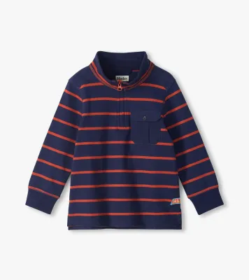 Boys Navy &amp; Orange Stripes 1/4 Zip Mock Neck
