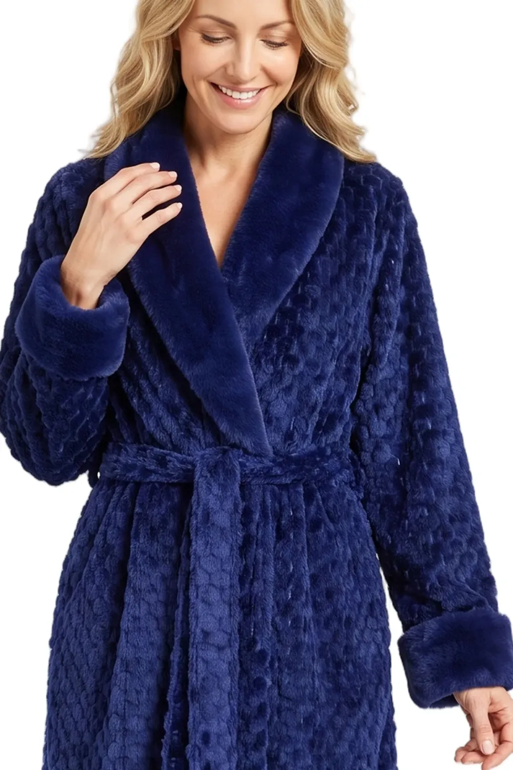 Marlon Faux Fur &amp; Cosy Fleece Shawl Collar Robe | Navy, Size: S, Style: MA50046