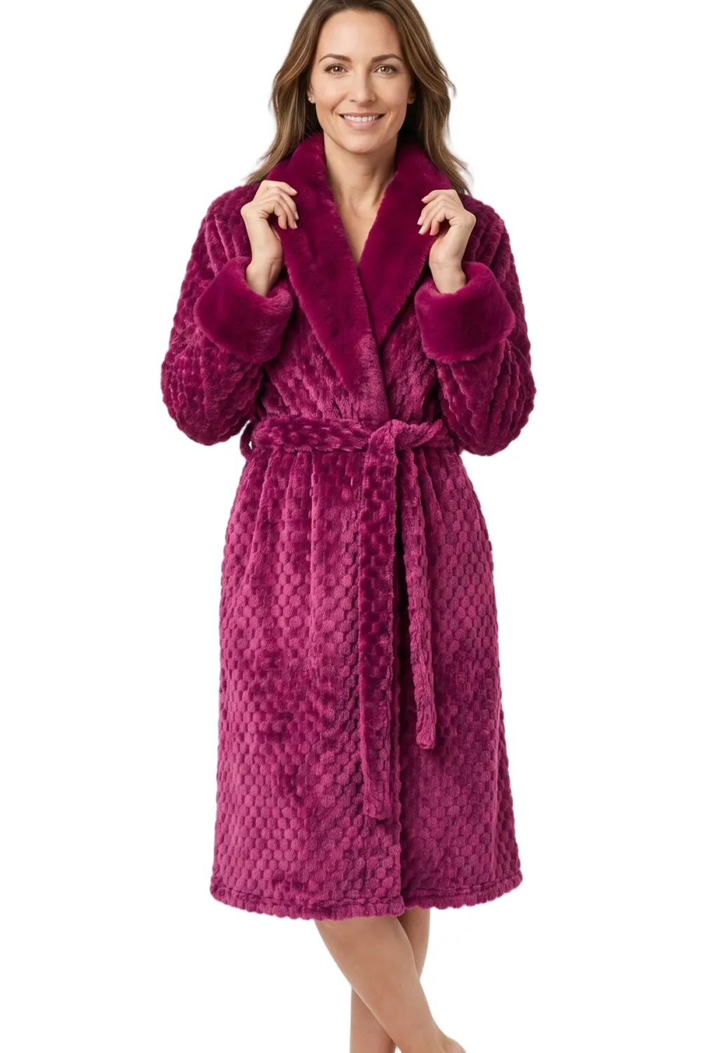 Marlon Faux Fur &amp; Cosy Fleece Shawl Collar Robe | Burgundy, Size: S, Style: MA50046