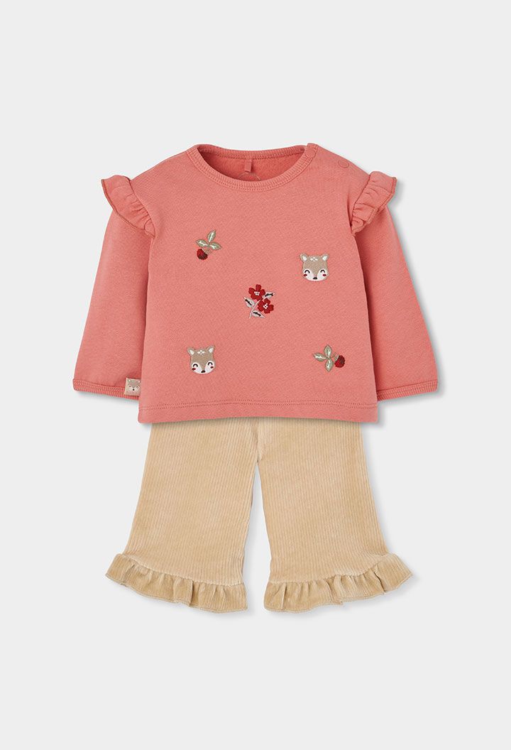 Baby Girl Coral Knitted Set with Deer Embroidery | 124030, Size: 6M