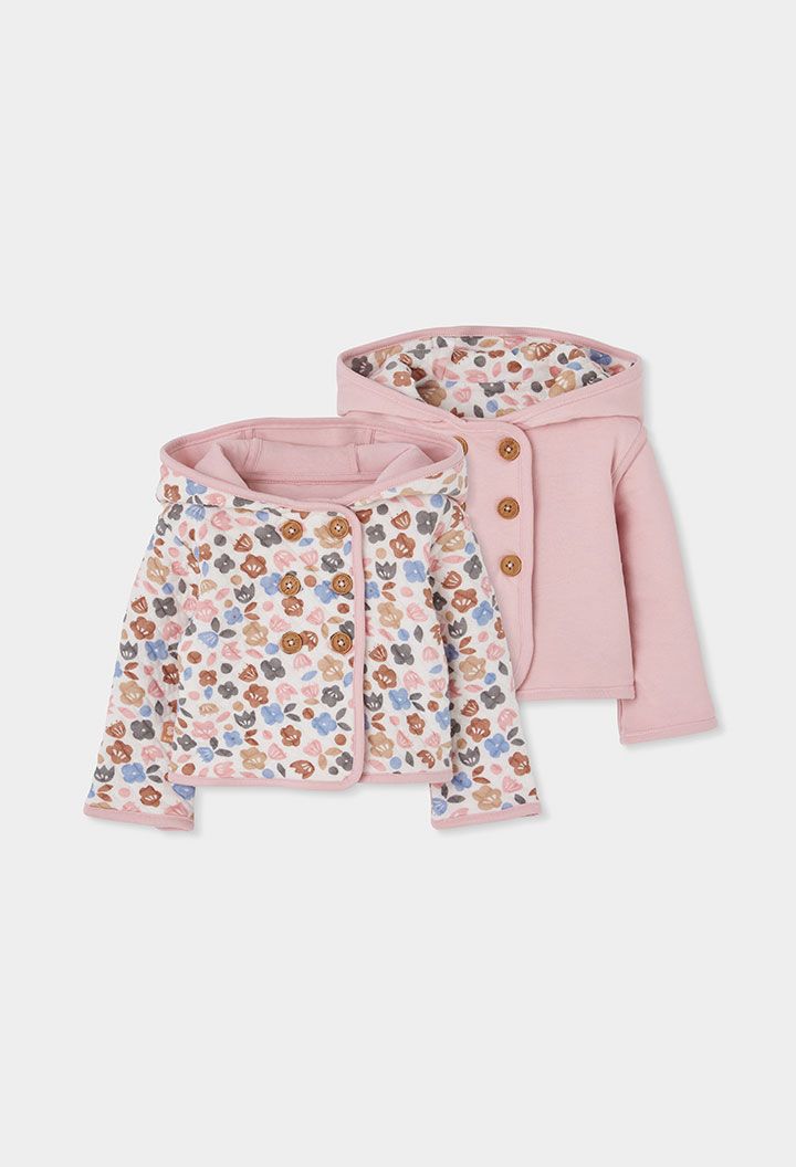 Baby Pink Reversible Knitted Jacket with Floral Print | 114084, Size: 6M