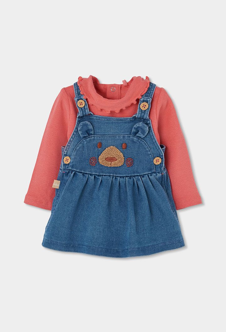 Red Embroidered Bear Denim Knit Set Baby Girl | 134019, Size: 6M