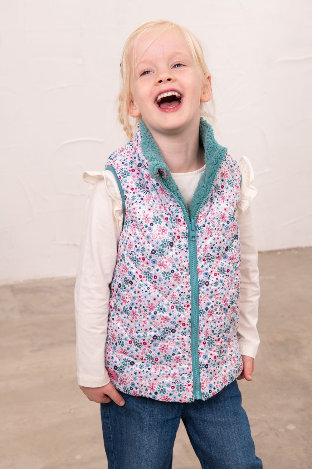 Amber Girls Reversible Gilet | Teal Floral, Size: 1-2Y