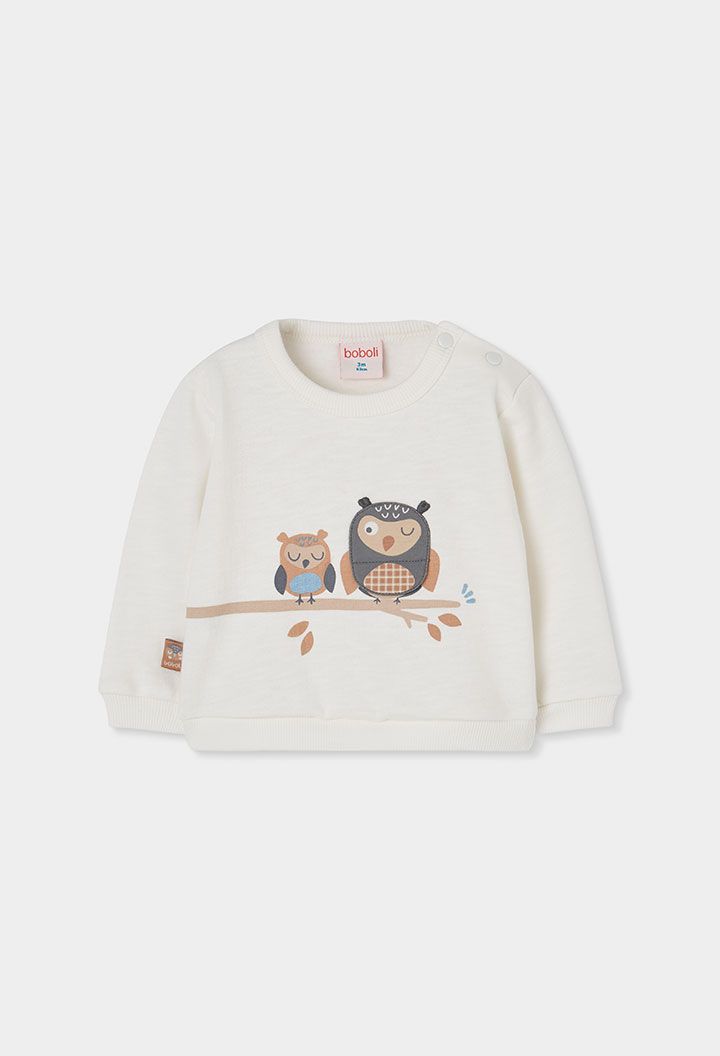 Baby White Fleece Sweatshirt with Owl Print | 214119, Size: 3M