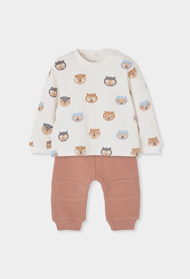 Baby Knitted Set Ecru Owl Print | 214007, Size: 3M