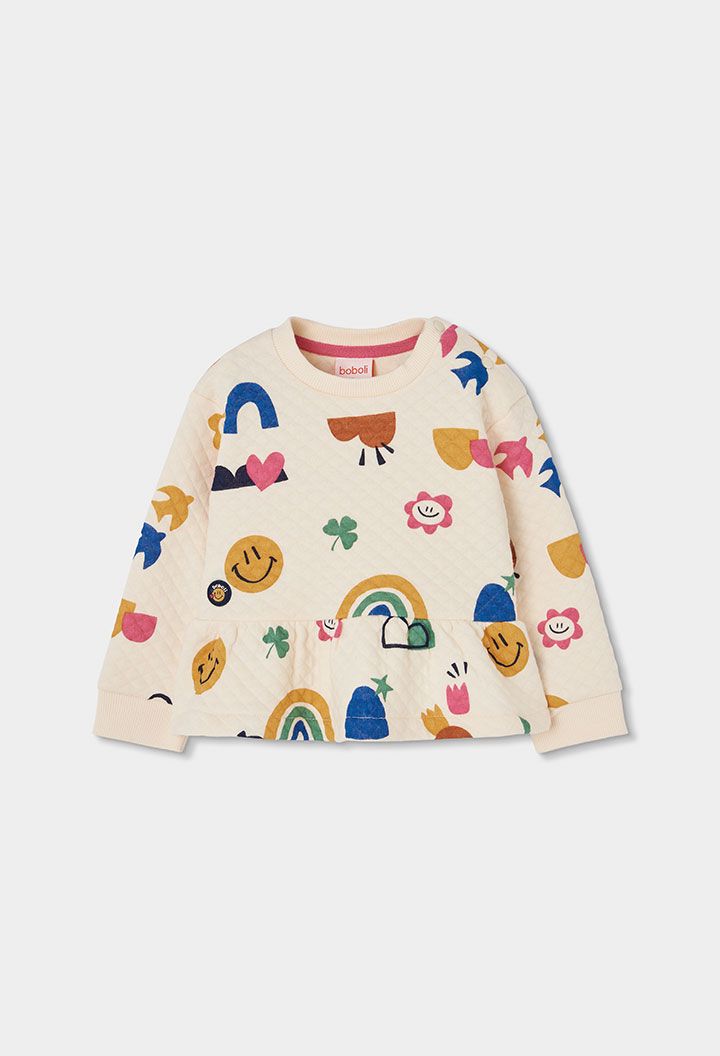 Cream Knitted Sweatshirt for Girls with Multicolour Print | 304085, Size: 2Y