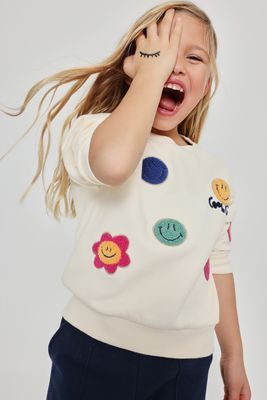 Cream Fleece Sweatshirt for Girls with Emojis | 304131