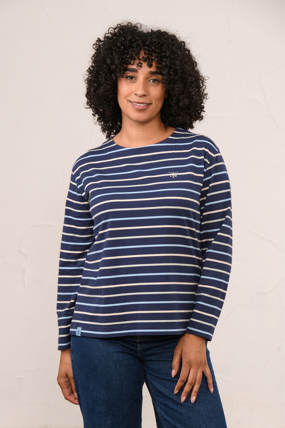 Causeway Breton Top - Navy Sage Blue Stripe, Size: 8