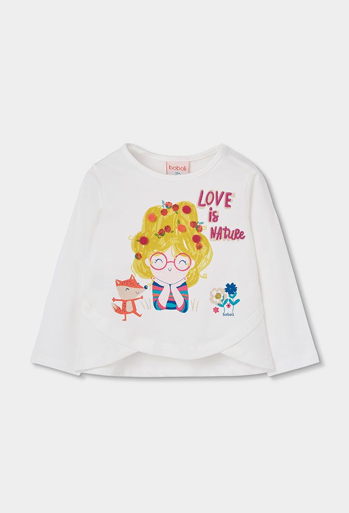 Girls White Knitted Top with Girl &amp; Fox Print | 314019, Size: 2Y