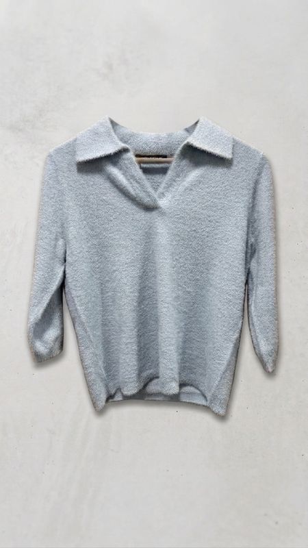 Betty Barclay Fluffy 3/4 Sleeve Sweater with Collar - Blue Fog