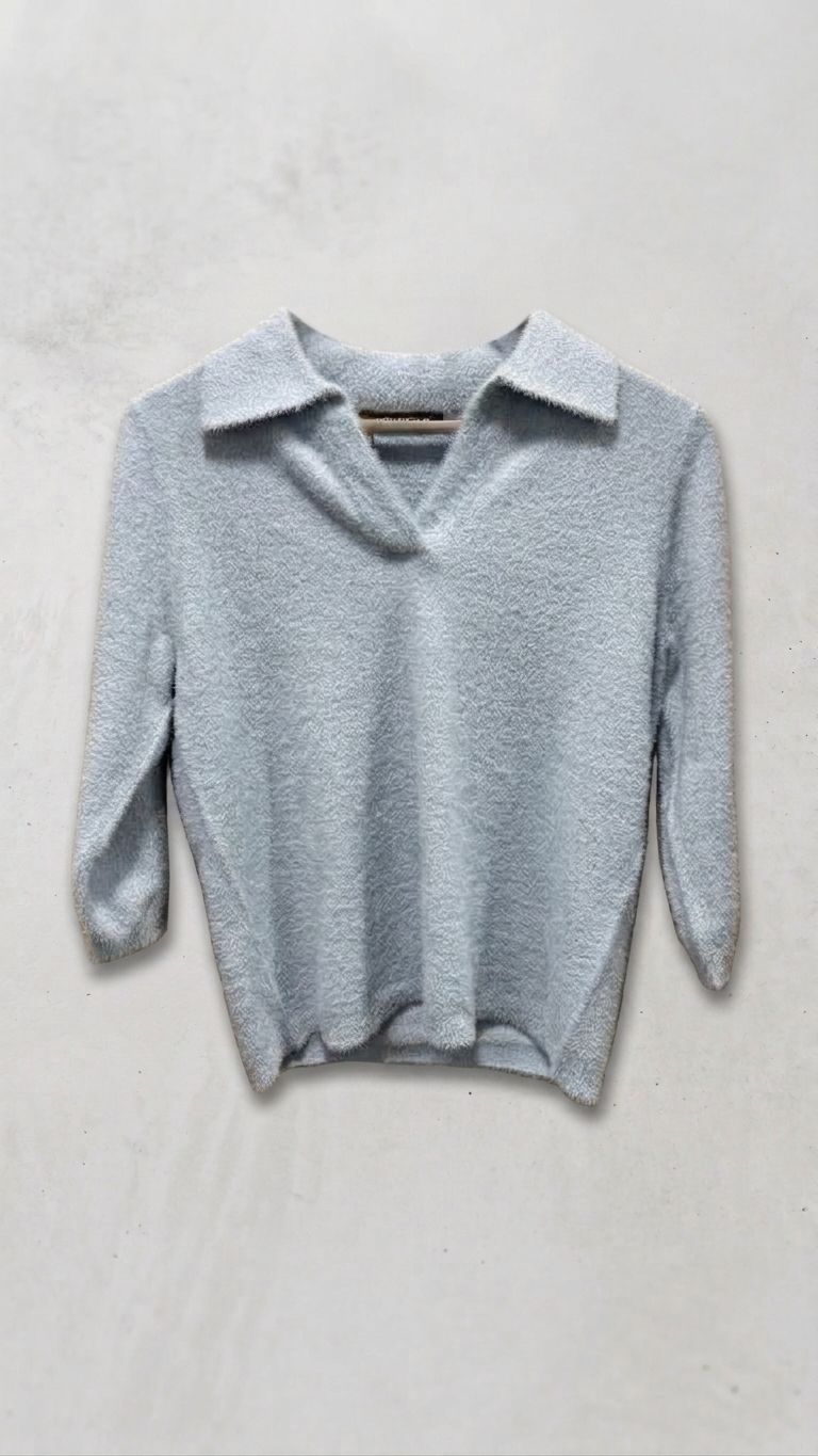 Betty Barclay Fluffy 3/4 Sleeve Sweater with Collar - Blue Fog, Size: 10, Style: 5503/2043