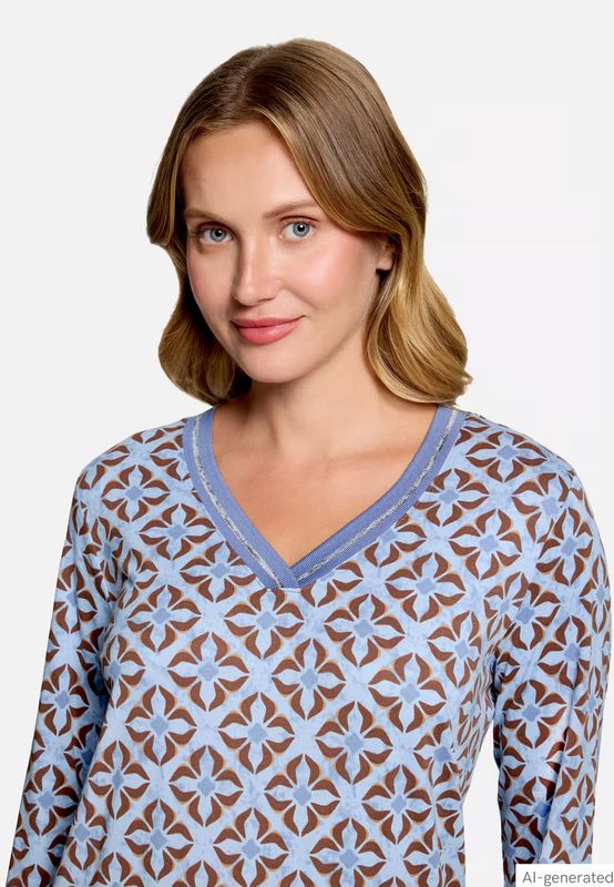Betty Barclay Graphic Print V Neck Jersey Top - Blue/Brown