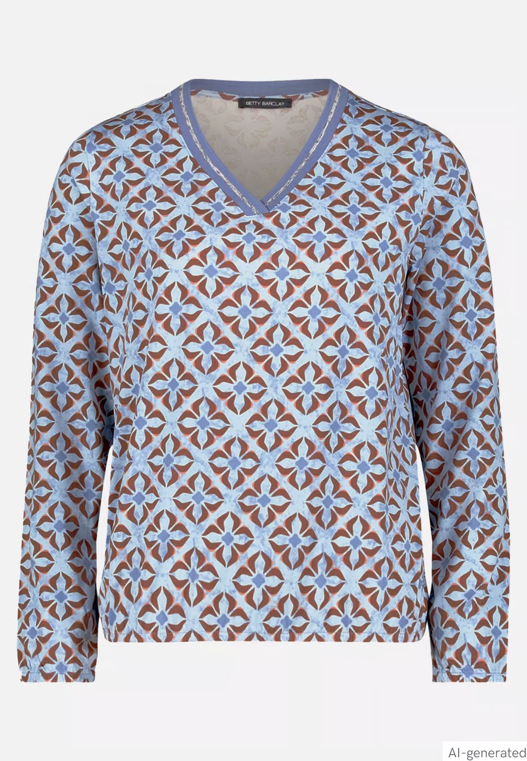 Betty Barclay Graphic Print V Neck Jersey Top - Blue/Brown, Size: 10, Style: 2954/1724