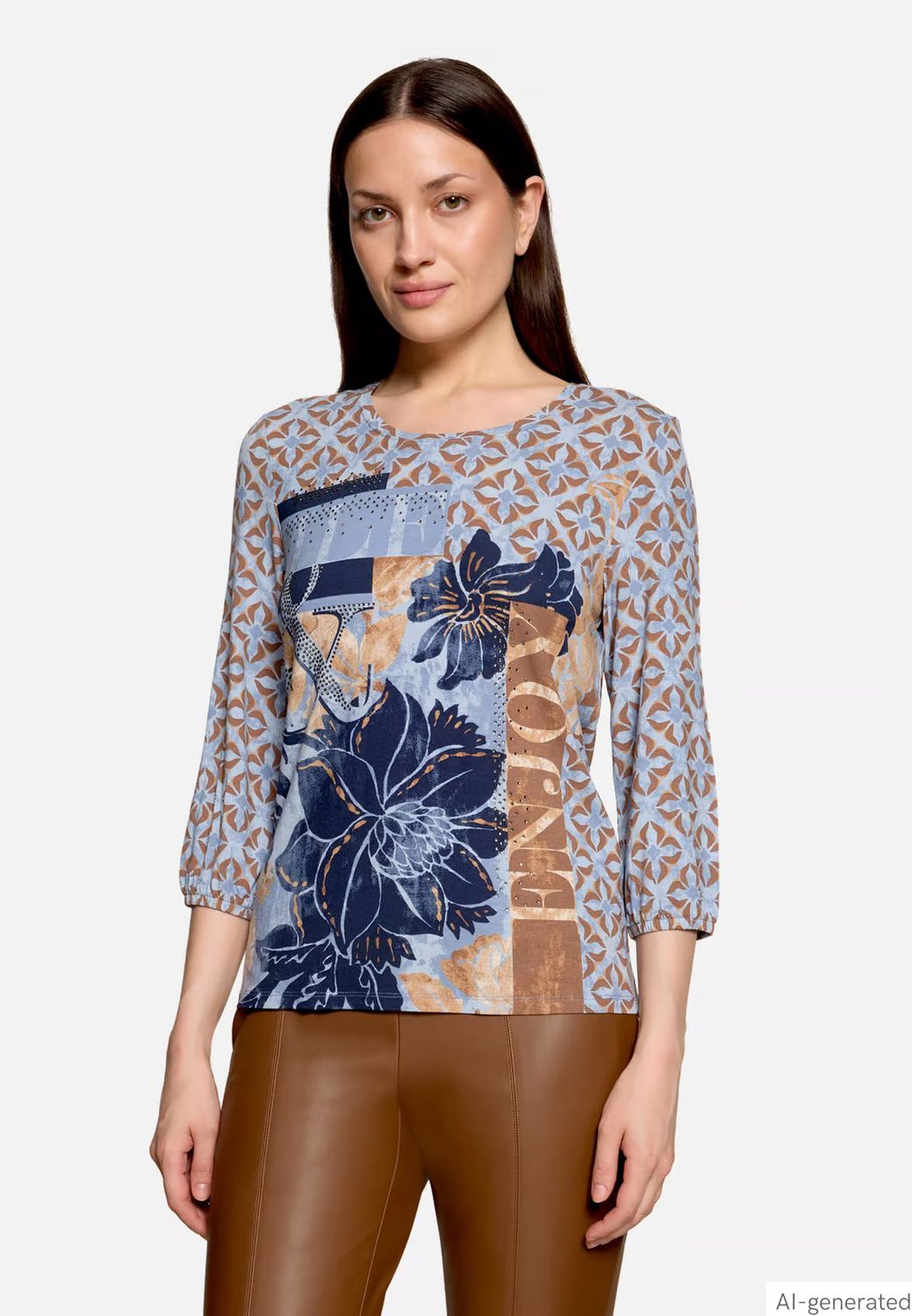 Betty Barclay 3/4 Sleeve Enjoy Print Top - Blue/Brown, Size: 10, Style: 2952/1715