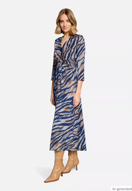 Betty Barclay Animal Print Gathered Midi Dress with 3/4 Sleeves - Blue/Brown