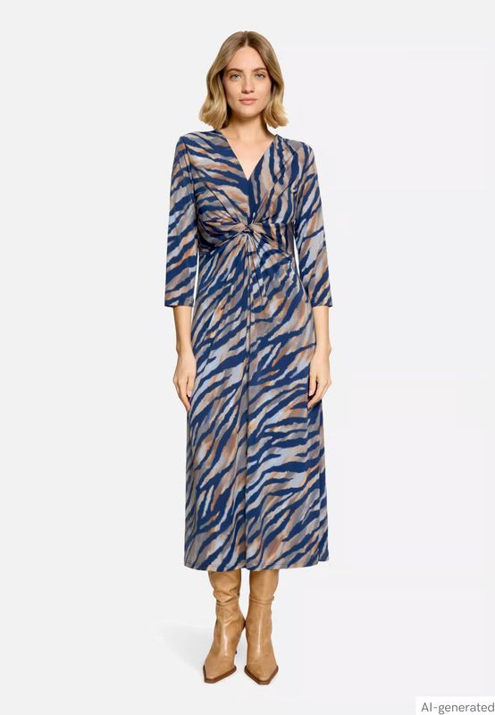 Betty Barclay Animal Print Gathered Midi Dress with 3/4 Sleeves - Blue/Brown