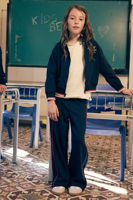 Girls Navy Blue Trousers with Red Side Stripe | 404109