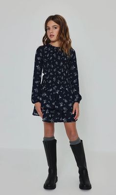 Girls Navy Blue Dress with Floral &amp; Dragonfly Print | 414122