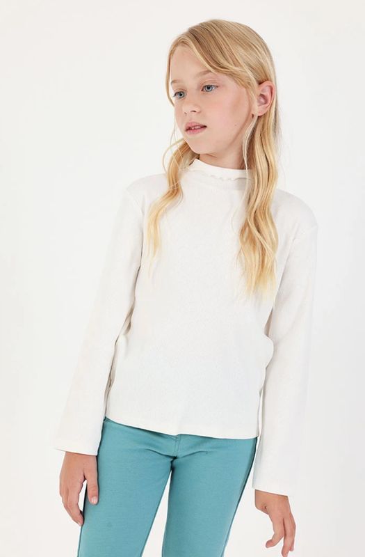 Girls White High-Neck Ribbed Top for Girls| 494074
