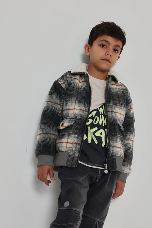 Boys Grey Checked Coat with Fleece | 534136