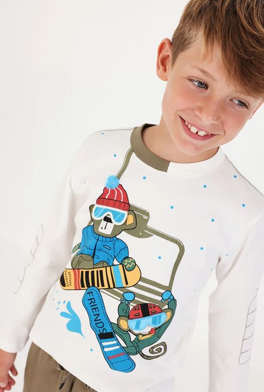 Boys White Knitted Top with Snowboarding Monkeys | 544014