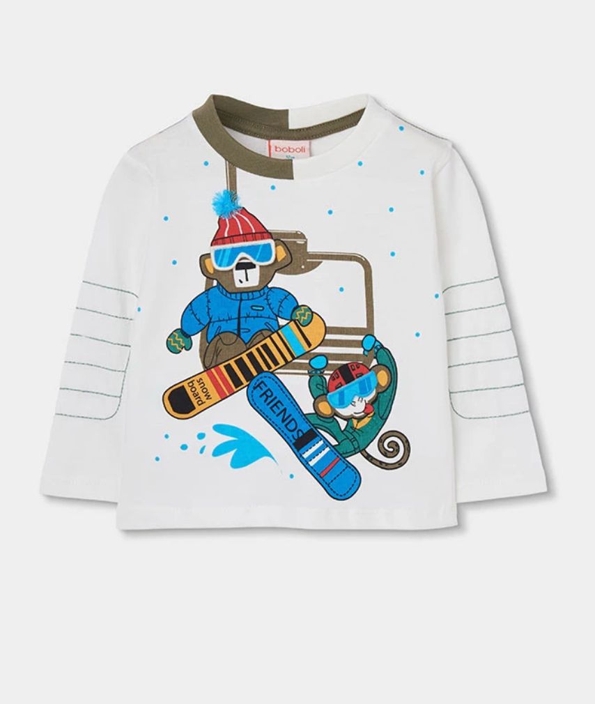 Boys White Knitted Top with Snowboarding Monkeys | 544014, Size: 2Y
