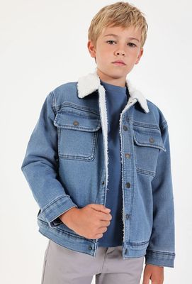 Boys Blue Knit Denim Jacket with Fleece Collar | 544159