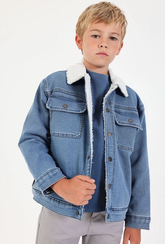 Boys Blue Knit Denim Jacket with Fleece Collar | 544159