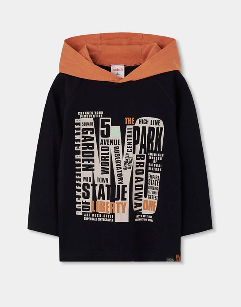 Boys Black Printed NY Hoodie | 624024, Size: 6Y