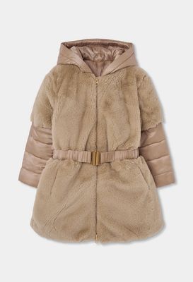 Girls Gold Faux Fur Parka with Belt| 784111