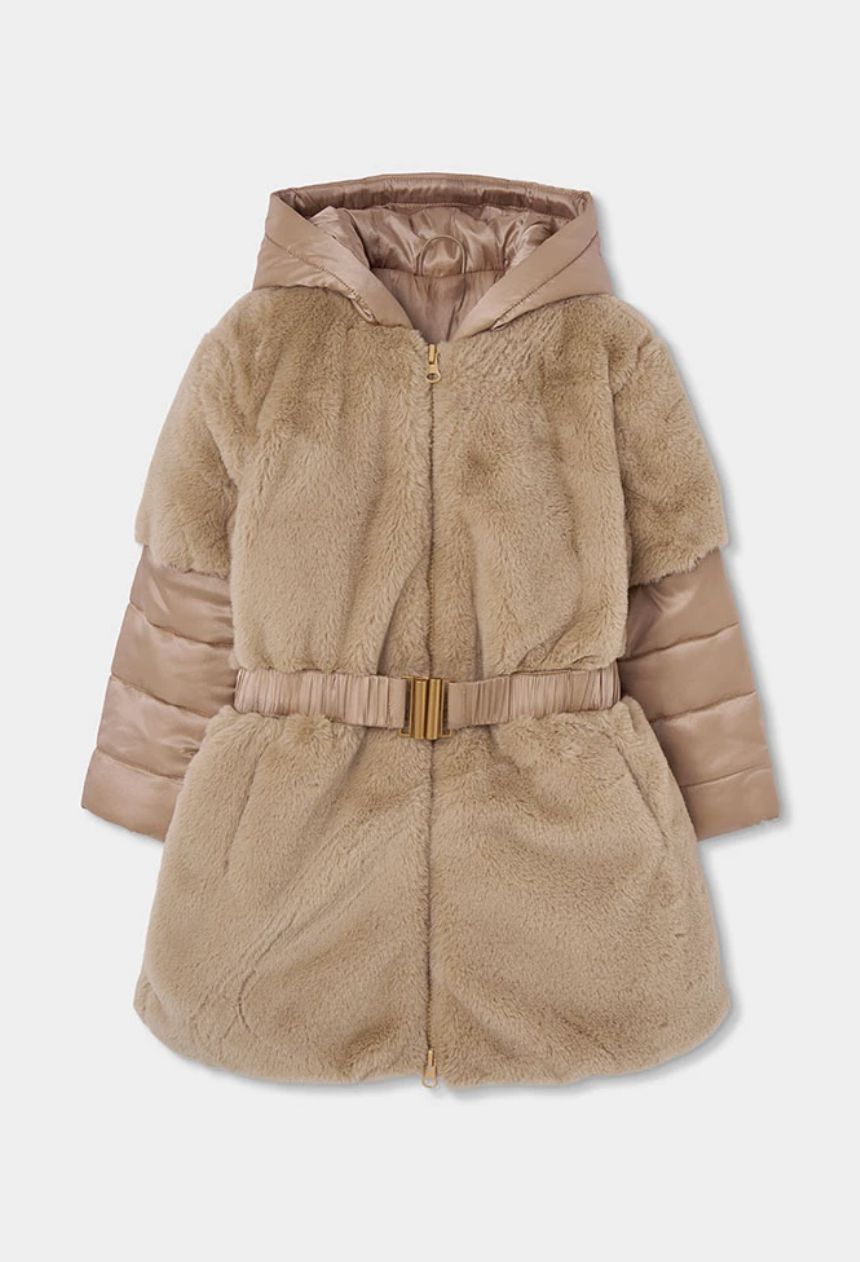 Girls Gold Faux Fur Parka with Belt| 784111, Size: 6Y