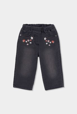Girls Black Embroidered Floral Denim Trousers | 324010