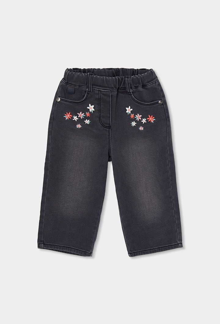Girls Black Embroidered Floral Denim Trousers | 324010, Size: 2Y