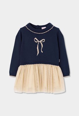 Girls Blue Navy Tulle Dress with Gold Bow | 754040