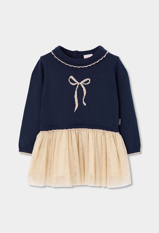 Girls Blue Navy Tulle Dress with Gold Bow | 754040