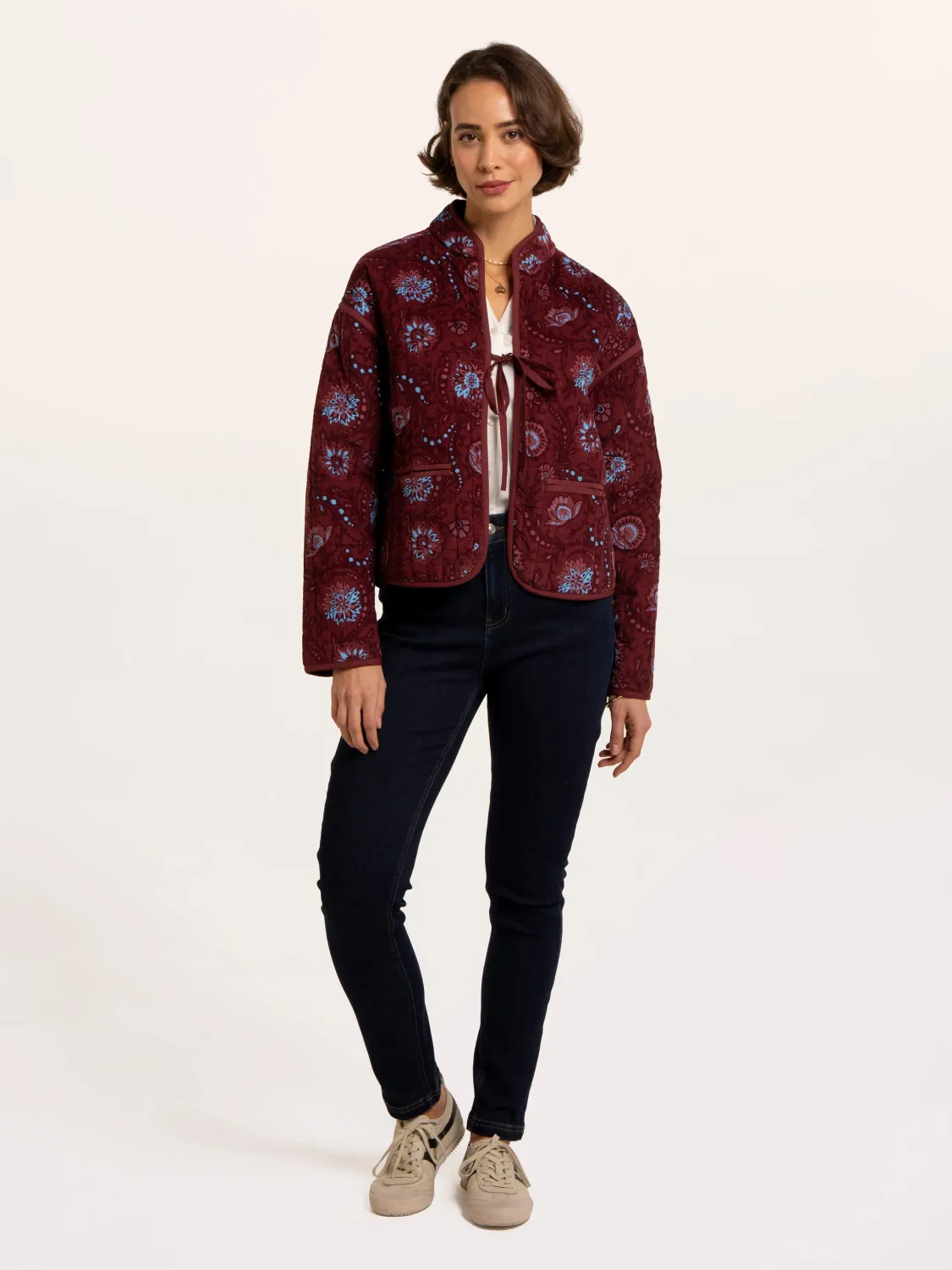 Plum Printed Quilted Tie Front Jacket, Size: 8