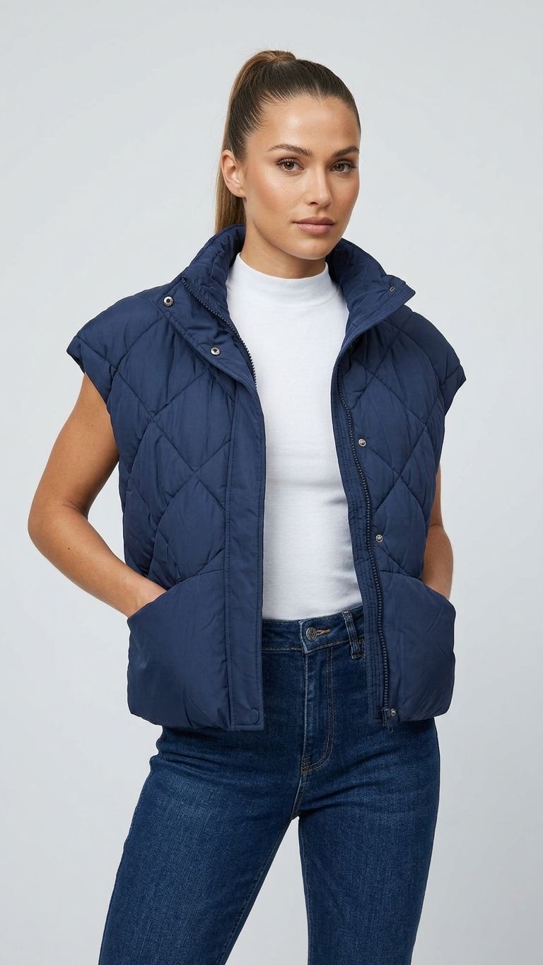 Betty Barclay Quilted Gilet with Stand-up Collar - Dark Blue, Size: 10, Style: 7330/1706
