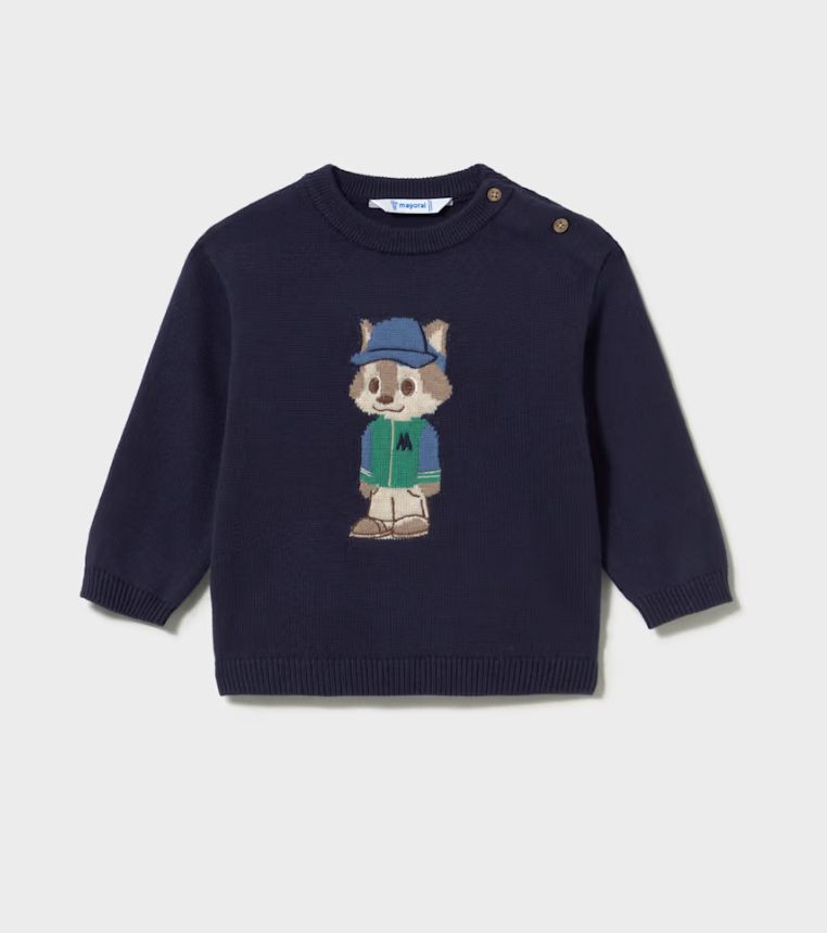 Baby Boys Blue Fox Intarsia Jumper | 2377, Size: 6M