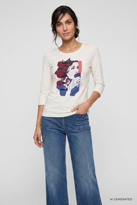 Coastal Look White Silk Placement Print 3/4 Sleeve Top | 11105489