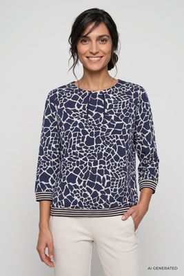 Coastal Look Ink Blue Patterned 3/4 Sleeve Blouse | 11105498