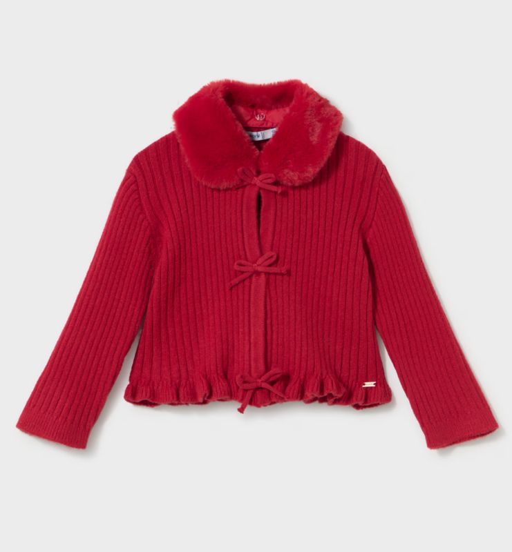 Baby Girls Red Faux Fur Neck Cardigan | 2386
