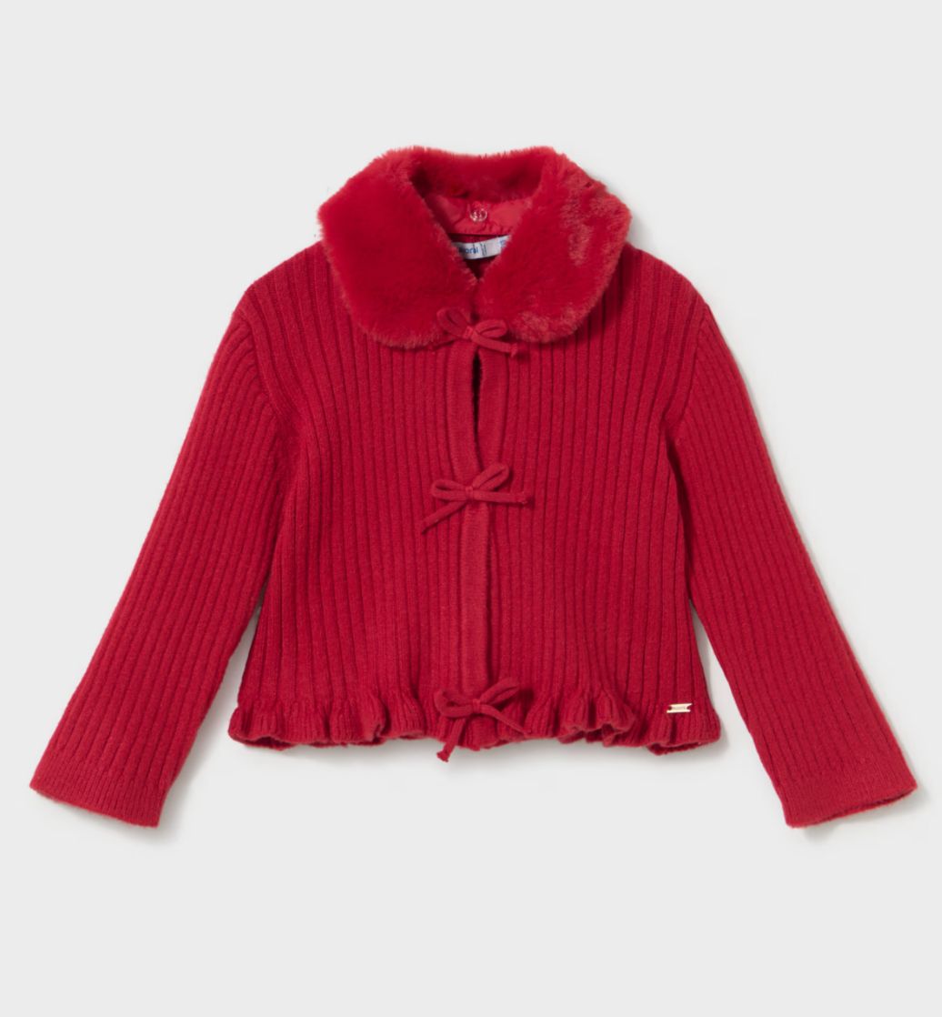Baby Girls Red Faux Fur Neck Cardigan | 2386, Size: 6M