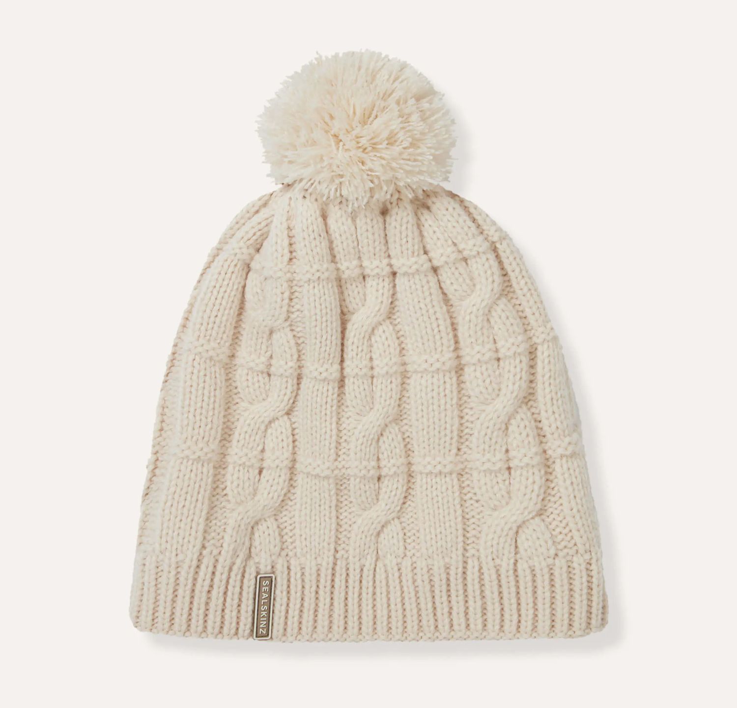 Hemsby Cream Waterproof Cold Weather Cable Knit Bobble Hat, Size: S/M
