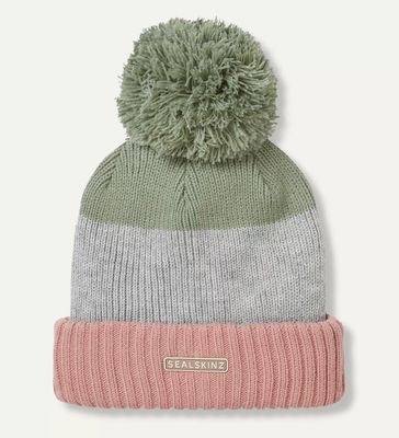 Flitcham Waterproof Fleece Lined Cold Weather Striped Bobble Hat | Pink/Green